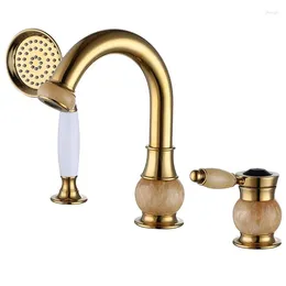 Bathroom Sink Faucets Luxury Gold Solid Brass Jade Stone Waterfall Faucet Basin Vanity Mixer Tap With Handheld Shower Head