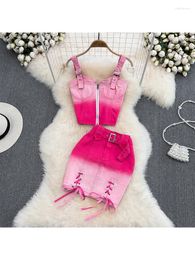 Work Dresses Women Pink Gradient Denim Skirt Sets Vintage Off Shoulder Crop Top And A-Line Mini Y2k Elegant Harajuku 90s 2000s Clothes