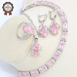 Sets 2022 Pink Zircon 925 Silver Wedding Jewellery Set for Women Bracelet Earrings Necklace Pendant Ring Birthday Gift