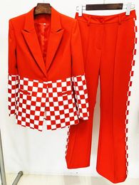 Women's Two Piece Pants HIGH STREET Est 2024 Designer Runway Suit Set Single Button Checkered Color Block Blazer Flare