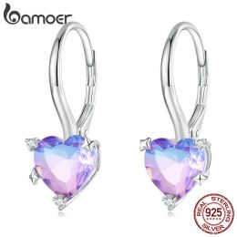 Earrings Bamoer 925 Sterling Silver Purple Crystal Ear for Women Fine Fashion Rainbow CZ heart Earrings Jewellery Gifts For Girl