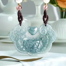 Pendants Burmese Jadeite Rose Pendant Jade Necklace Gemstone Real Vintage Man Jewellery Blue Flower Talismans Natural Carved Men Charms