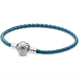 Bangles Authentic 925 Sterling Silver oments Seashell Clasp Turquoise Leather Bracelet Bangle Fit Bead Charm Diy Fashion Jewellery