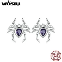 Earrings WOSTU Vintage 925 Sterling Silver Spider Stud Earrings Insect heartshaped zircon for Women Fashion Jewellery Hallowmas Party Gift