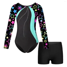 Stage Wear Kids Girls Long Sleeve Print Leotard Bodysuit With V-front Waist Booty Shorts Set Tracksuit For Gymnastic Yoga Dancing Training