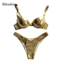 Women's Swimwear Sexy Flash thong bikini push up bra womens swimsuit 2023 Shiny Brazilian womens swimsuit Biquini swimsuit gold set J240221