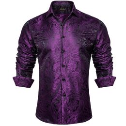 Luxury Purple Paisley Mens Long Sleeve Silk Polyester Dress Shirt Button Down Collar Social Prom Party Men Clothing 240219