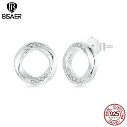 Earrings BISAER 925 Sterling Silver Mobius Strip Stud Earrings Simple Circle Earrings Plated White Gold For Woman Party Fine Jewellery Gift