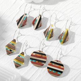 Dangle Earrings Vintage Resin Wooden Rhombus Drop For Women Fashion Unique Colour Matching Round Geometric Pendant Gift Jewellery