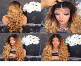 Brazilian Ombre Body Wavy Glueless Full Lace Human Hair Wigs 1B 27 Honey Blonde Two Tone Lace Front Wigs 130 Density Bleached Knot3715030