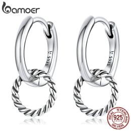 Earrings Bamoer 925 Sterling Silver Double Ring Ear Buckles Oxidised Round Circle Earrings for Women Gift Fine Jewellery Simple Style