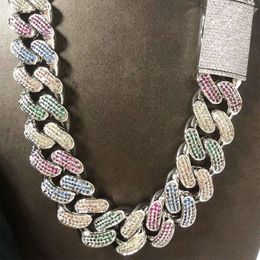 Popular Selling 925 Silver Colourful Cubic Zircon Stones Mixed Rhodium Plated Hip Hop Iced Out Miami Cuban Chain Necklace