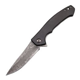 A2280 Flipper Folding Knife Damascus Steel Straight Point Blade Carbon Fiber with Steel Handle Ball Bearing Fast Open EDC Pocket Knives