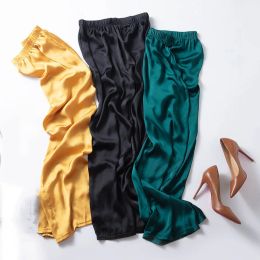 Capris Oversize Lady High Waist Elastic Smooth Satin AnkleLength Wide Leg Pants Summer Causal Trousers Korean Straight Baggy Pantalon