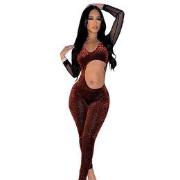 2024 Designer Mesh Jumpsuits Women Spring Long Sleeve Hollow Out Rompers Sexy Sheer Overalls See Through Leggings Night Club Wear Wholesale Clothes 10678