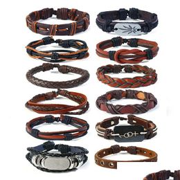 Charm Bracelets Leaf Mtilayer Wrap Bracelets Vintage Men Fashion Braid Jewellery Genuine Leather Charm Bangles Diy Women Hand Rope Adju Dhmmi