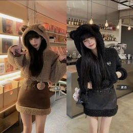 Two Piece Dress UNXX Atmosphere Feeling Lambswool Hooded Padded Short Jacket Women Winter High-end Furry Big Coat Female Set