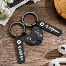 Chains 2PCS Personalised Music Spotify Scan Code Keychain for Lovers Stainless Steel Custom Laser Engrave Name Couple Keychain Gifts