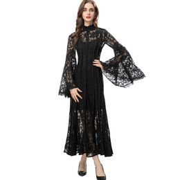 Women's Runway Dresses Stand Collar Flare Long Sleeves Embroidery Elegant Fashion Party Prom Gown