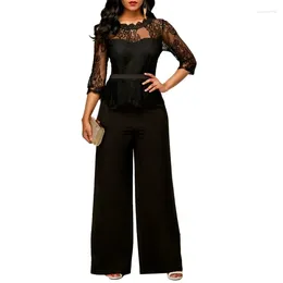 Ethnic Clothing Sexy Lace Hollow Out Jumpsuits Women Spring Autumn Solid O-neck Half Sleeve Party Rompers Elegant Office Lady Wide Leg