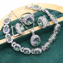 Sets Oval Rainbow Topaz 925 Silver Jewelry set for Women Bracelet Hoop Earrings Necklace pendant Ring