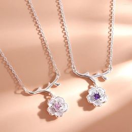 Pendant Necklaces Japanese Cherry Tree Branch Short Necklace Sweet Girl CZ Pink Purple Crystal Clavicle Chain Charm Lady Engagement Jewelry