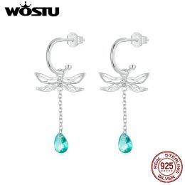 Earrings WOSTU 925 Sterling Silver Dragonfly Tassel Earrings with Green Stones for Women Girl Fine Jewelry Party Dating Birthday Gift