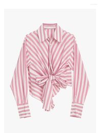 Women's Blouses Women Simple Pink Striped Polo-Neck Single Breasted Elegant Office Lady Casual Bow Shirts Daily Streetwear Preppy Style