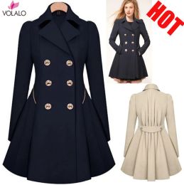 Jackets Autumn Winter Coat For Women Adjustable Waist Slim Solid Black Coat Beige Black Long Jackets Female Outerwear