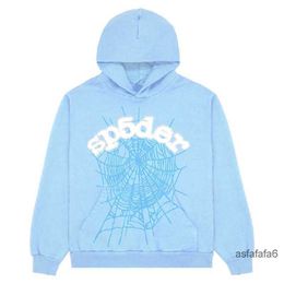 Sp5der 555555 Hoodies Mens Womens Angel Number Puff Pastry Printing Graphic Spider Web Sweatshirts Streetwear Top Clothing Light Blue 2B5R