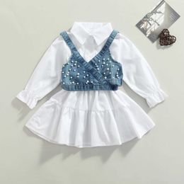 Girl's Dresses FOCUSNORM Autumn Infant Kids Girls Dress 2pcs Outfits 1-6Y Solid Long Sleeve Ruffles A-Line Shirts Dress Pearl Denim VestL2402