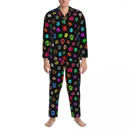 Men's Sleepwear Colourful Dog Pow Pyjama Set Autumn Multicoloured Paws Print Fashion Sleep Man 2 Pieces Casual Loose Oversized Home Suit