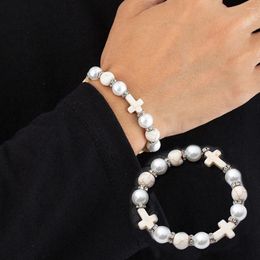 Charm Bracelets Classic Men Pearl Rhinestone Cross Bracelet Punk Hip Hop Style White Turquoise Elastic Yoga Jewelry Gifts