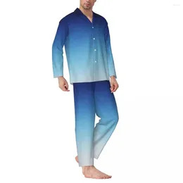 Men's Sleepwear Blue Pajama Sets Deep To White Gradient Trendy Male Long Sleeve Vintage Bedroom 2 Piece Home Suit Big Size