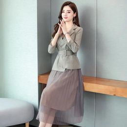 Two Piece Dress Insozkdg Autumn Irregular Blazer Jacket Stylish Pleated Mesh Midi Skirt 2 Set Women Office Lady Suits Female Girl