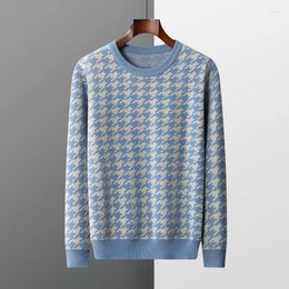 Men's Sweaters Thickened Cashmere Shirt Fashion Colour Contrast Plaid Knitted Pullover Pure Wool Crew Neck Top Korean Version