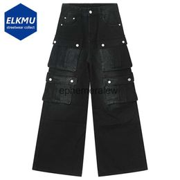 Men's Jeans Men Vintage Baggy Jeans Multi Pocket Cargo Denim Pants Black Loose Wide Leg Jeans TrouserH24222