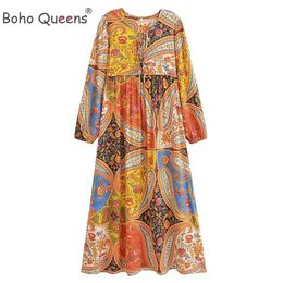 Basic Casual Dresses Bohemian Queen Womens Multi Flower Print with Fringe Beach Bohemian Maxi Dress Womens Long sleeved V-neck Pure Cotton Dress Vestidos J240222