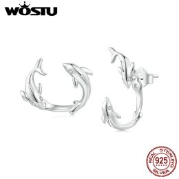 Earrings WOSTU 925 Sterling Silver Creative Double Dolphin Stud Earrings for Women Detachable Animal Earrings Wedding Party Jewellery Gift