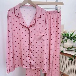 Women's Sleepwear Pink Print Pajamas Suit 2Pcs Long Sleeve Homewear Women Rayon Pyjamas Nightwear Lapel Outfit Casual Shirt&pants Loungewear