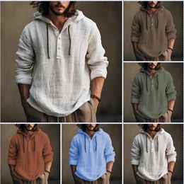 2024 Mens Casual Blouse Cotton Linen Hooded Shirt Loose Tops Long Sleeve Tee Spring Autumn Handsome Shirts 240219