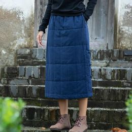 Skirts Women Vintage Winter Warm Quilted Skirt Solid Colour Female Butto Thick Elastic Waist 2024 Chinese Style Clothing
