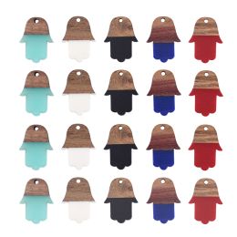 Back 20pcs Hamsa Hand Resin & Walnut Wood Pendants Hand of Miriam Shape Wooden Charms for Earring Necklace Jewelry Making 25x18.5x3mm