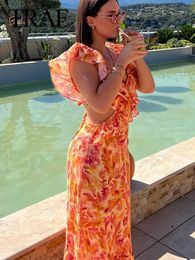 Basic Casual Dresses TRAF Summer Fashion Womens Sexy V-neck Backless Orange Dress with Ruffled Print Hollow Womens Beach Skirt J240222