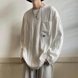 Men's T Shirts 3d Wavy Texture Long Sleeve Korean Men Fashion Oversized Harajuku Round Neck Solid Tops 2024 Spring Fall Pocket Clothes