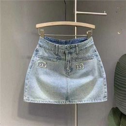 Mini-Frauenröcke Sommer Sexy Denim-Druck-Buchstaben-Jeans Damen Hohe Taille A6VL #