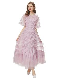 Luxury Sexy New Princess Female High Quality Fashion Party Mesh Ruffle Girls Sweet Birthday Round Neck Long Dresses For Women