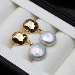 Earrings 2023 New Natural Keshi Pearl Earrings For Women,Beautiful Coin Baroque Pearl Stud Earring Girls Birthday Gift White