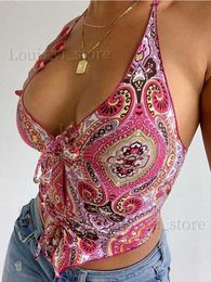 Women's Tanks Camis 2023 Women V Neck Pink Crop Top Summer Halter Backless Off Shoulder Bandage Ruched Print Red Y2k Sexy Tank Tops Vintage T240222