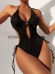 Women's Swimwear Sexy One Piece Swimsuit Black Hollow Out Ribbed Lace Up Backless Tie Side Thong 2024 Summer Beach Bathing Suit MonokiniH24222